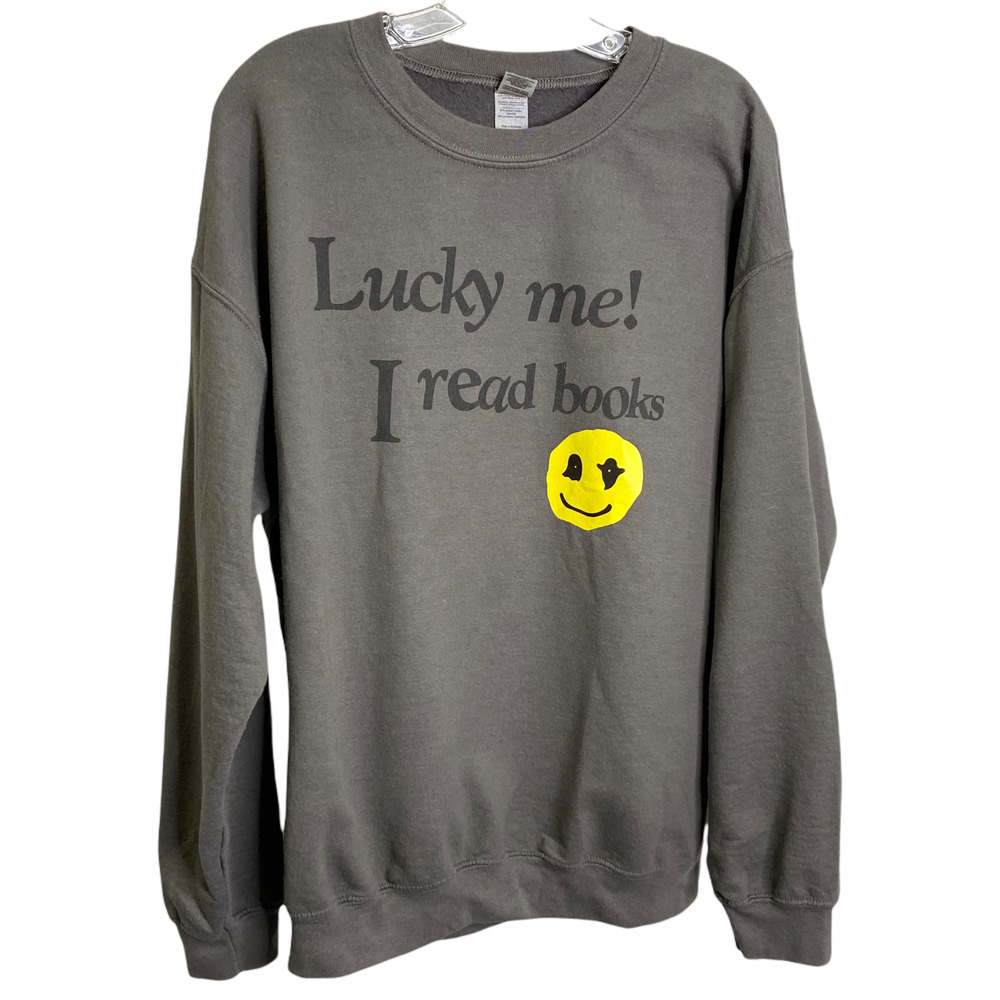 Gildan Lucky Me Women's‎ Sweatshirt Pullover Crew Neck Smiley Face Gray Cotton L